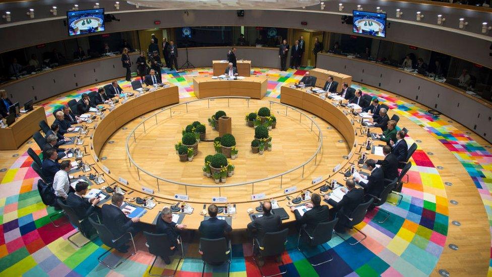 Leaders of the Council of the European Union sit in the round for the second day of an EU summit