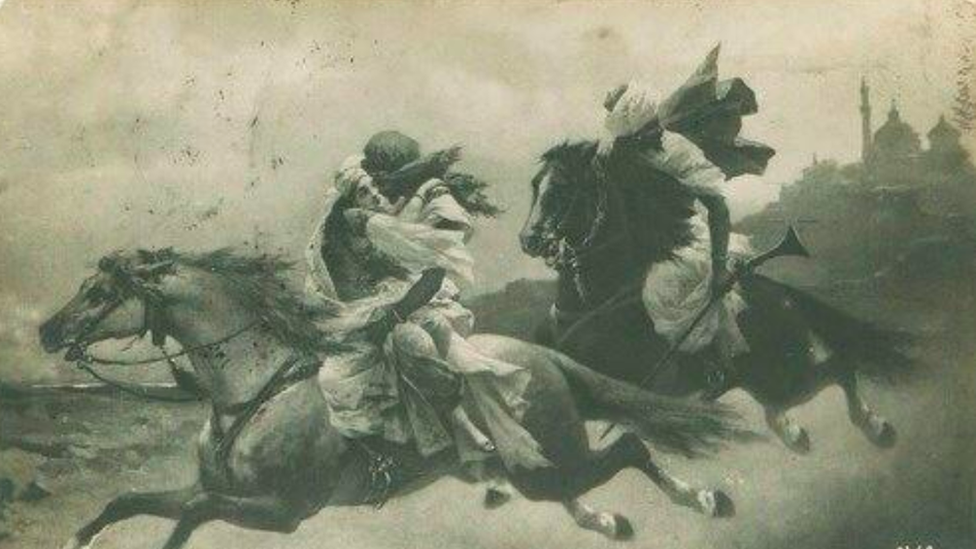 A Muslim fighter whisking away his bride