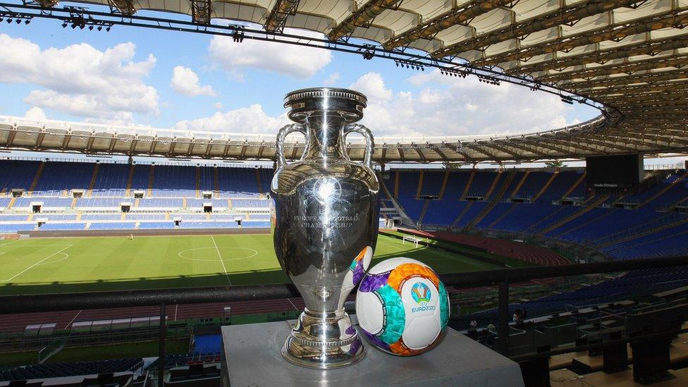 The UEFA Euro trophy in the Stadio Olimpico in Rome