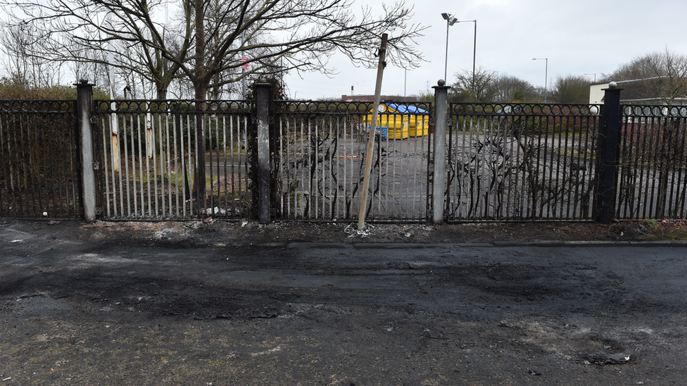 The scene where a police vehicle was set alight