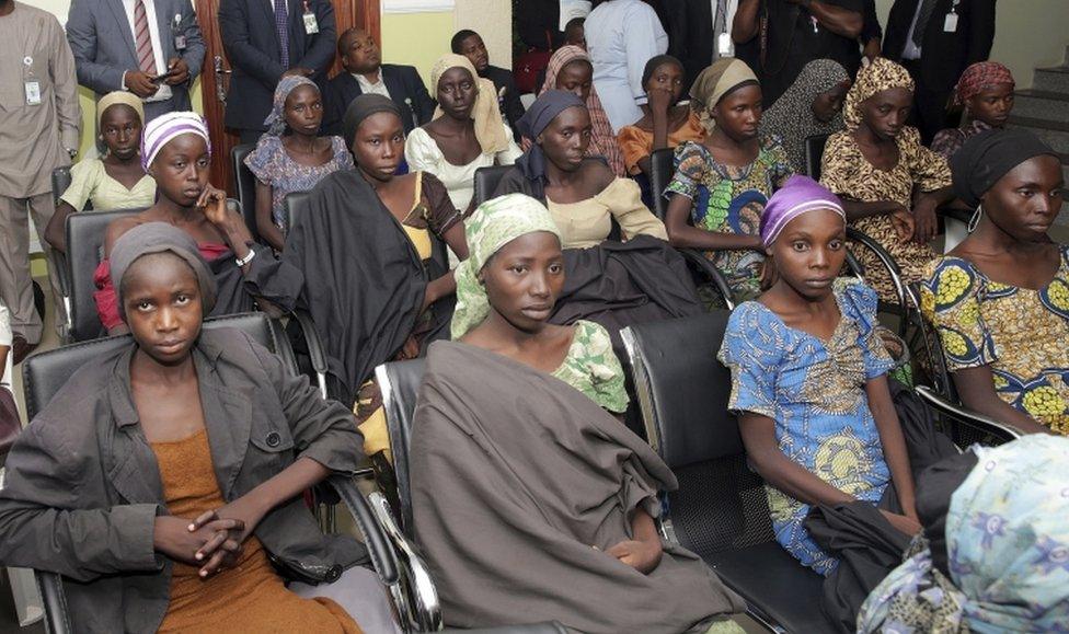 Chibok schoolgirls freed from Boko Haram captivity in October 2016 are seen during a meeting with Nigeria's Vice President Yemi Osinbajo, in Abuja, Nigeria.