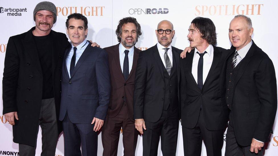 Liev Schreiber, Brian d'Arcy James, Mark Ruffalo, Stanley Tucci, Billy Crudup, and Michael Keaton attend the Spotlight New York premiere