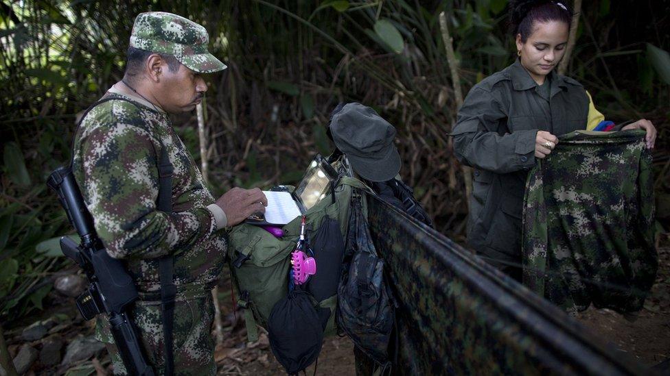 Fighters at a hidden Farc camp in Antioquia state, Colombia. 6 Jan 2016