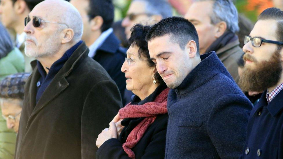 From left, the parents of Valeria Solesin, Alberto and Luciana, her brother Dario and boyfriend Andrea Ravagnani stand in front of her coffin