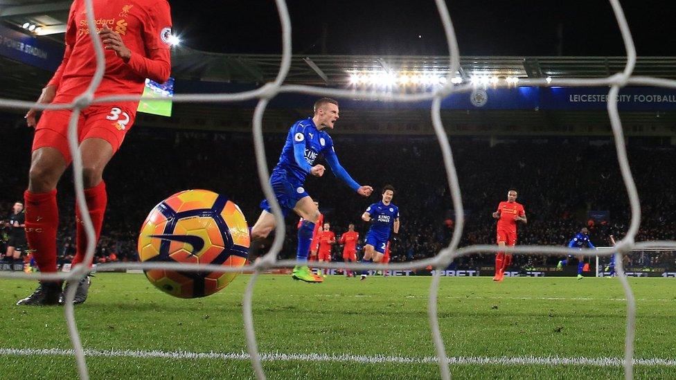 Jamie Vardy celebrates scoring his sides first goal during the Premier League match at the King Power Stadium, Leicester.