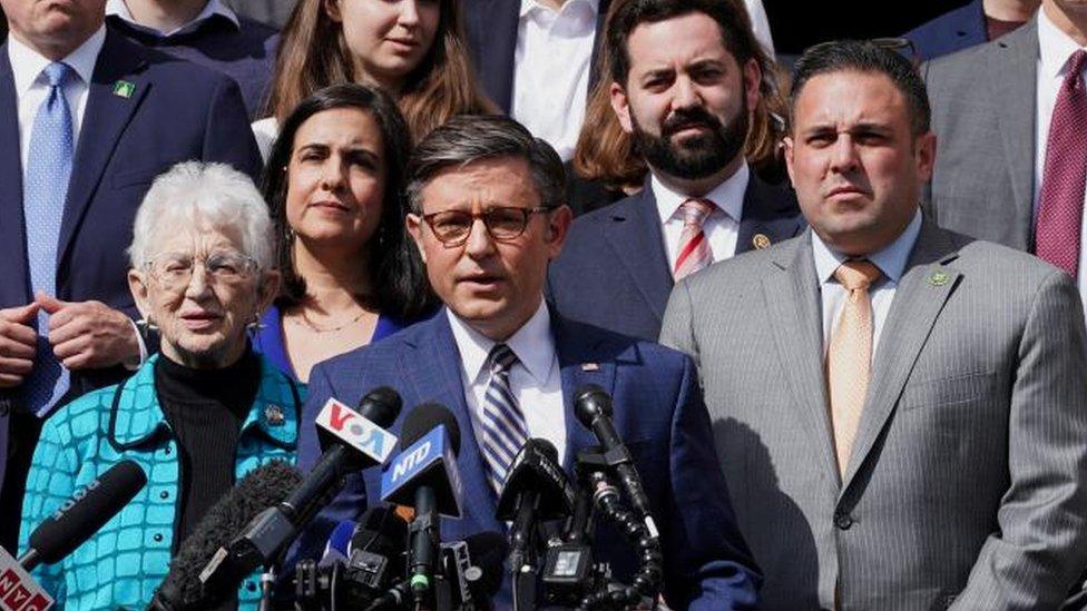 Speaker of the House of Representatives Mike Johnson attends a news conference at Columbia University