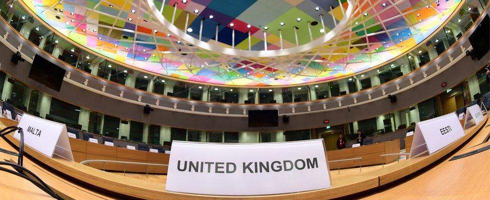 A view of the largest meeting room inside the Europa building which is used for European Council meetings.