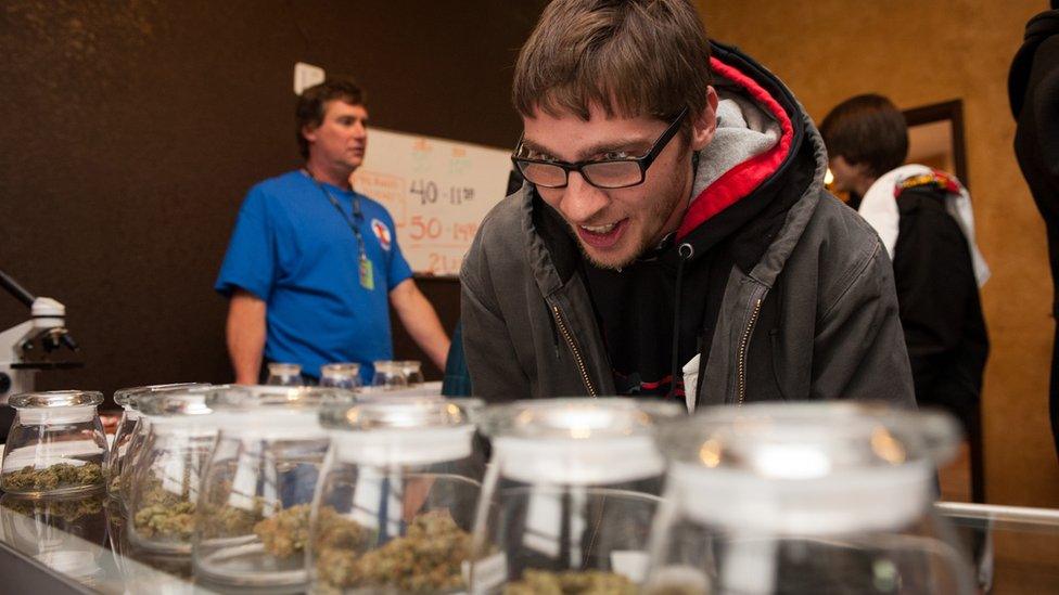 A man selects marijuana strains to purchase at the 3-D Denver Discrete Dispensary on January 1, 2014 in Denver, Colorado