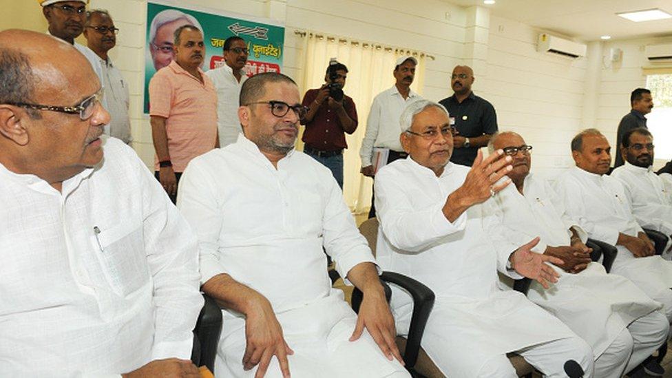 Bihar Chief Minister Nitish Kumar with Prashant Kishore, K C Tyagi and others at the National Executive meeting of the Janta Dal United, on June 9, 2019 in Patna, India.