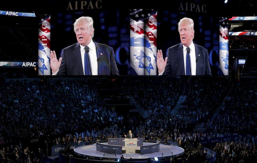 Donald Trump addresses American Israel Public Affairs Committee afternoon general session in Washington. 21 March 2016