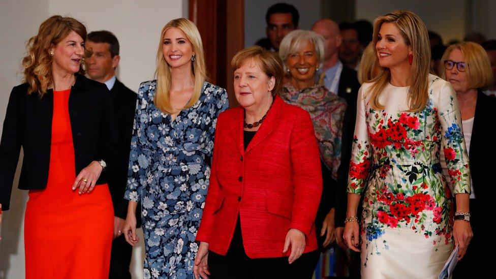 Daughter of U.S. President Ivanka Trump, German Chancellor Angela Merkel and Queen Maxima of the Netherlands, UN Secretary General"s Special Advocate for Inclusive Finance for Development