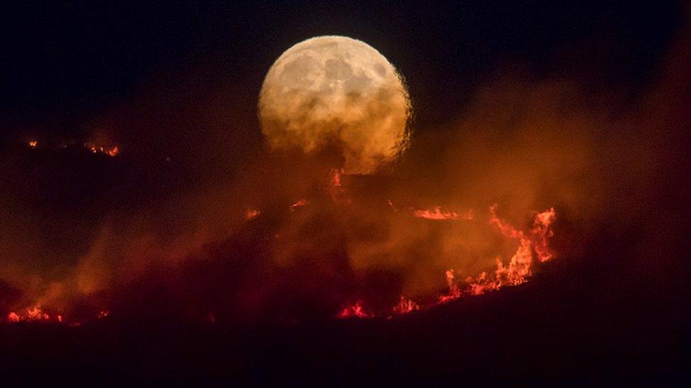 The full moon rises behind a fire on moorland