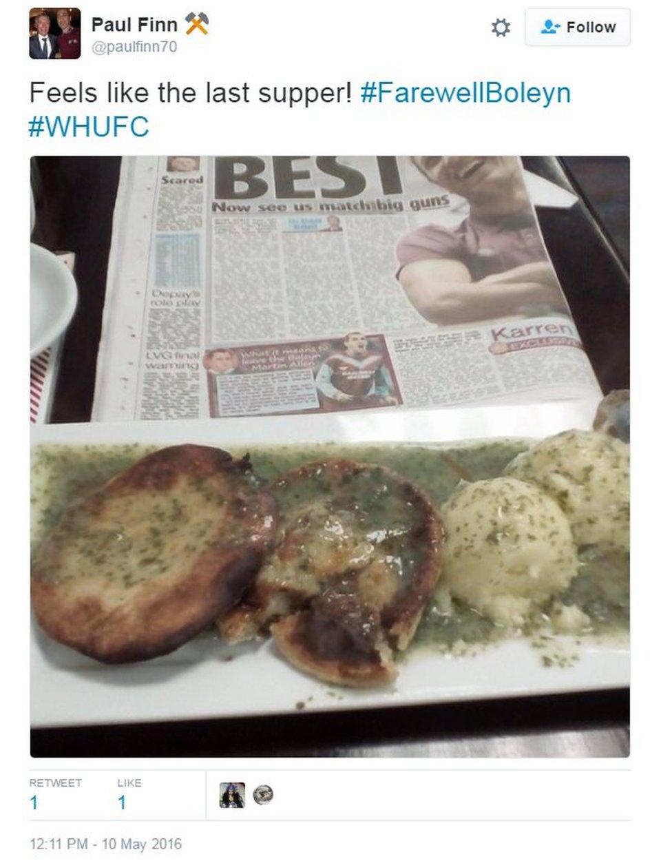 Twitter: Feels like the last supper! #FarewellBoleyn #WHUFC