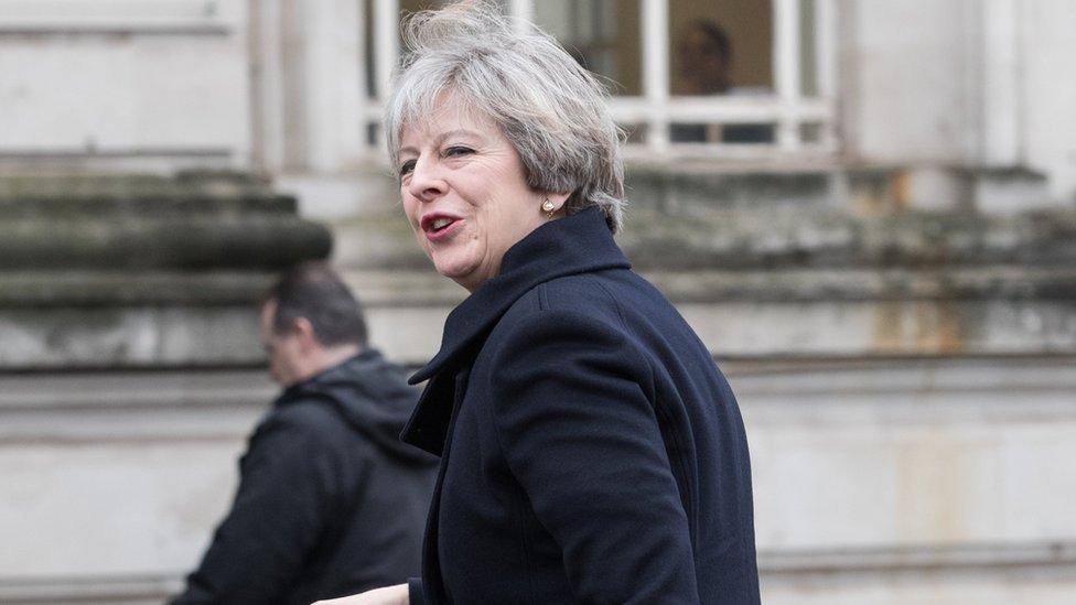 Theresa May arrives at Cardiff City Hall (30 January)