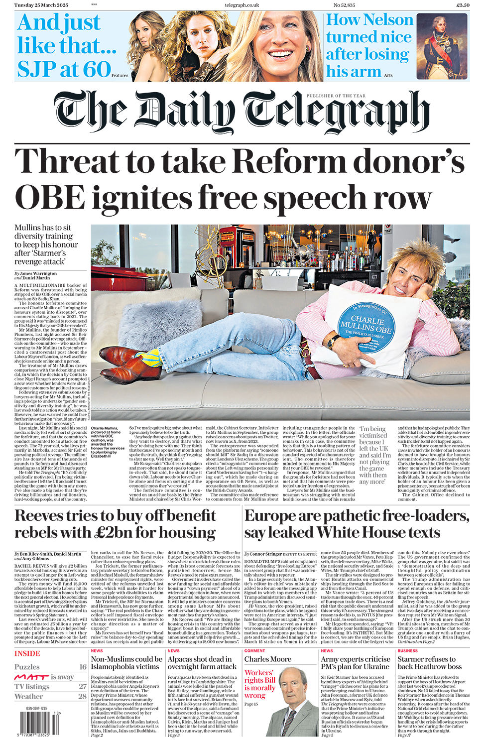 The Daily Telegraph with headline: "Threat to take Reform donor’s OBE ignites free speech row"