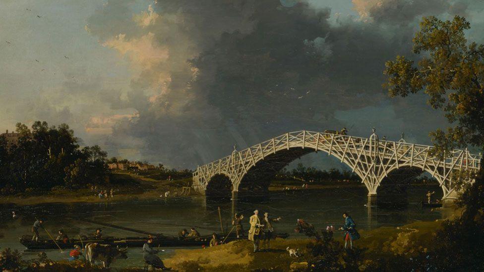 Canaletto 's A View of Walton Bridge oil on canvas, showing a complex wooden structure with three spans over the river, and people on the foreground shore, with boats on the river and a house and trees on the far bank