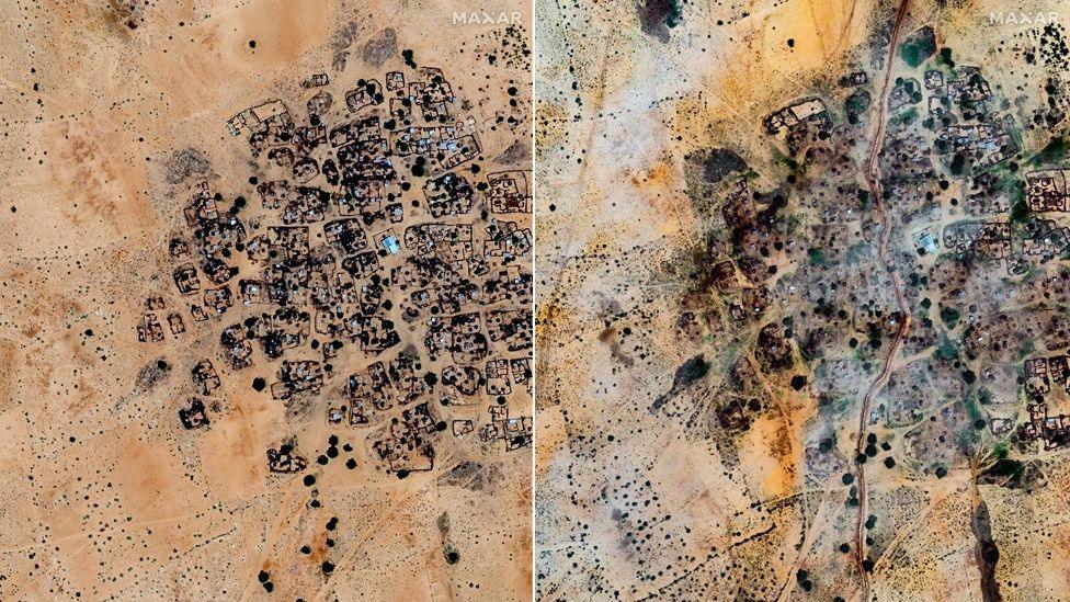 Left: A satellite image of Alsen village near el-Fasher taken on 6 July 2025 showing the outline of the various houses and trees. Right: A satellite image of Alsen village near el-Fasher taken on 25 July 2025 showing the outline of the various houses and trees with a line showing the earthen wall weaving through the settlement.