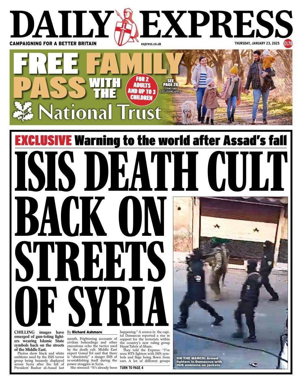 The headline in the Daily Express reads: Isis death cult back on streets of Syria