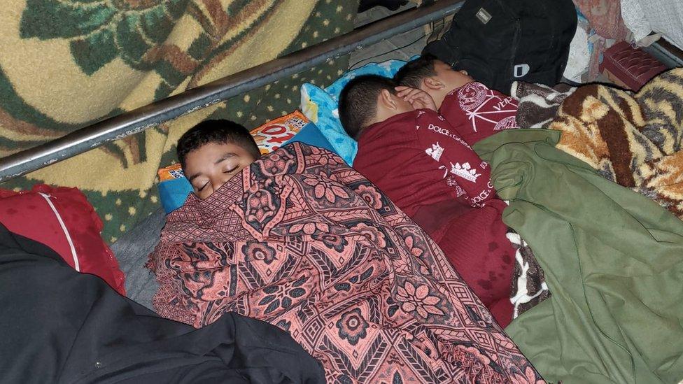 A makeshift shelter where Abdalrahman Alharazin's family stayed after fleeing Gaza City