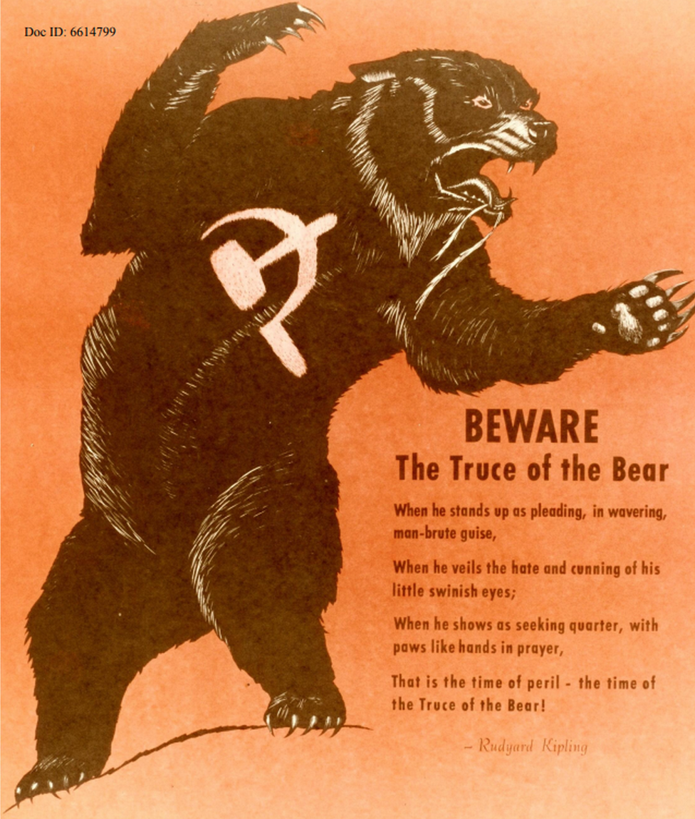 A bear stamped with a Soviet hammer & sickle stars in an NSA security advert