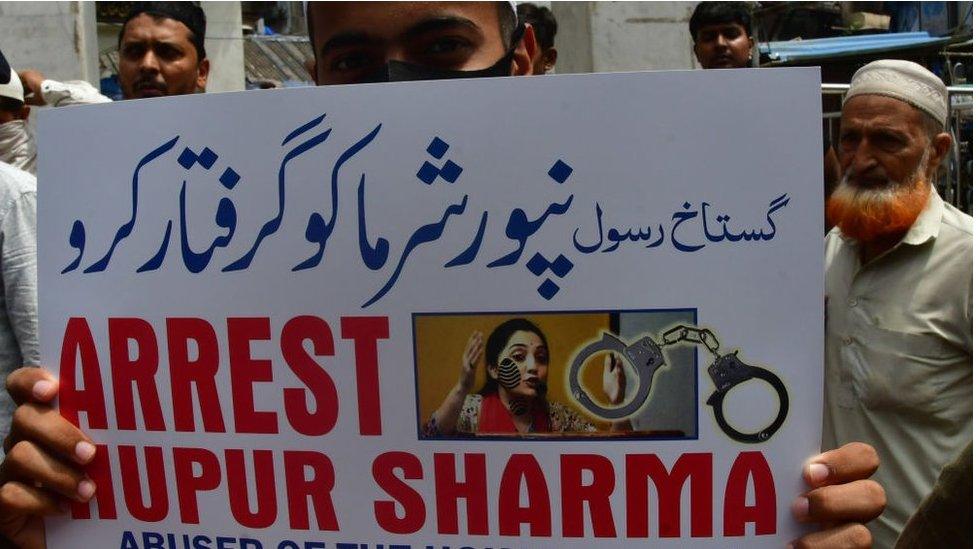 Muslim activists shout slogans in reaction to the remarks of suspended BJP leader and spokesperson Nupur Sharma on Prophet Muhammad during a protest at Bhendi Bazar, on June 6, 2022 in Mumbai, India.