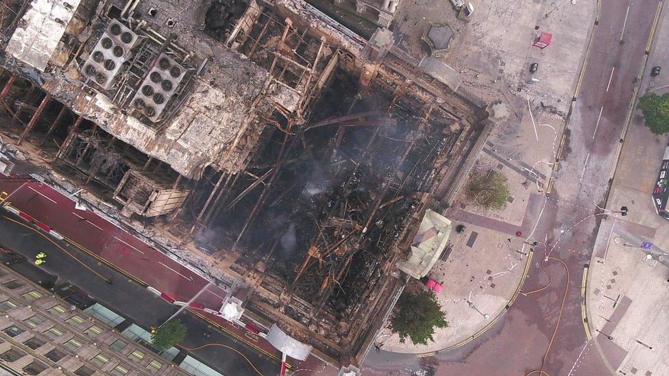 The fire-damaged inside of the Bank Buildings as seen from above