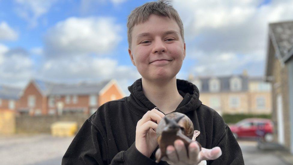 Connor Bouttell wearing gloves to hold a large snail