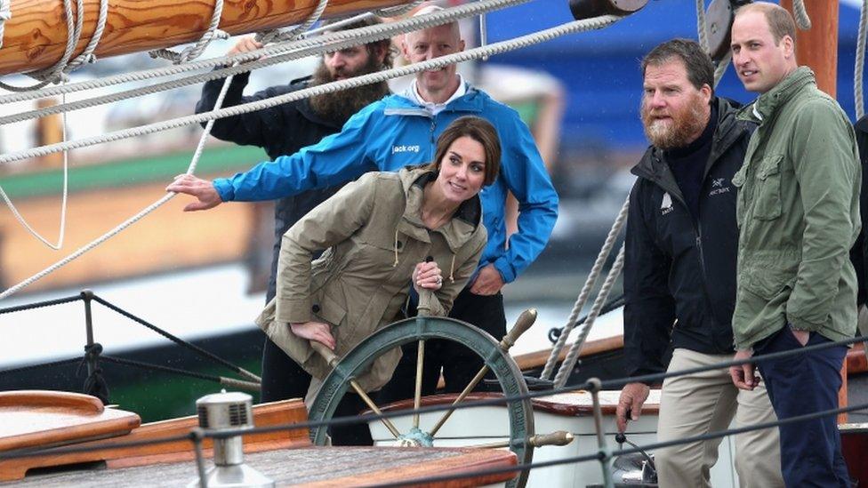 The Duchess of Cambridge helms the tall ship Pacific Grace in Victoria Harbour