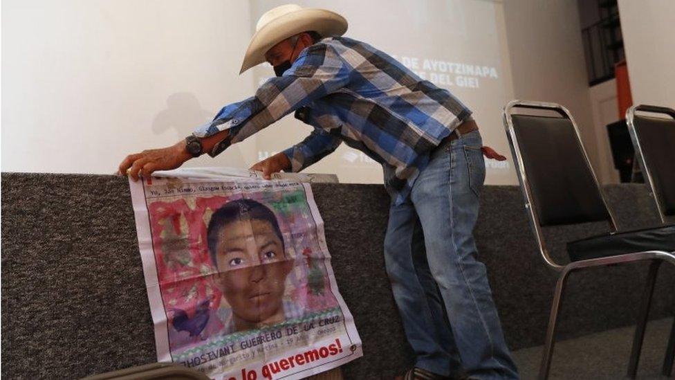 Relatives of the 43 students from Ayotzinapa, adresses a message from the Interdisciplinary Group of Independent Experts (GIEI) of the Inter-American Commission on Human Rights (IACHR), in Mexico City, Mexico, 29 March 2022