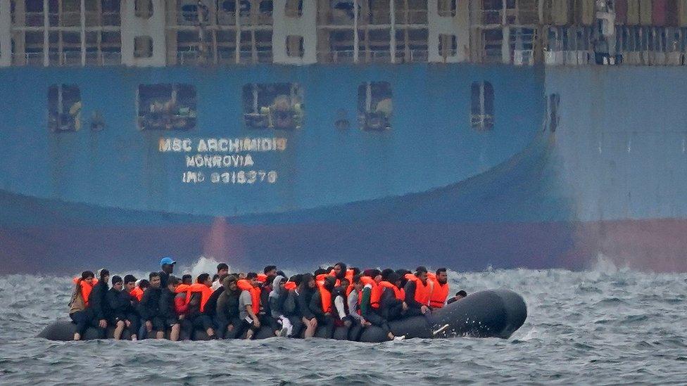 Migrants crossing the English Channel in a small boat