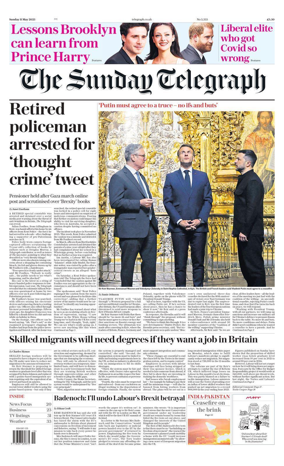 Sunday Telegraph front page on Sunday 11 May 2025