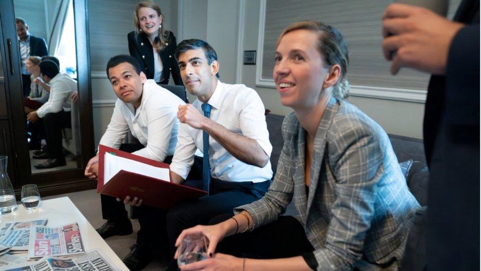 Rishi Sunak with his staff the day before his speech to the party conference in Manchester