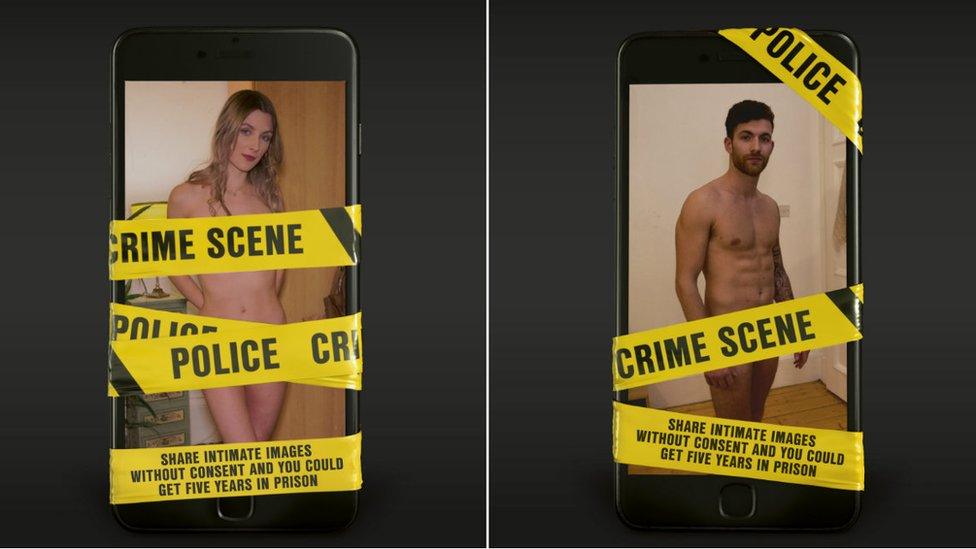 Posters featuring pictures of naked man and woman covered in crime scene tape