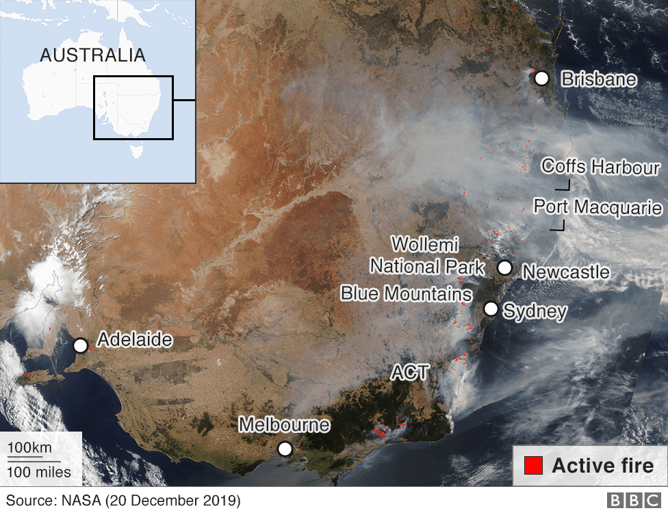 Satellite image showing smoke from fires in eastern Australia