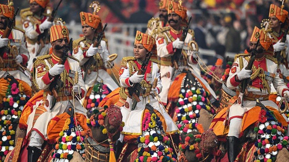 Cadets of Indian Border Security Forces (BSF) camel regiment march past during India's 75th Republic Day parade in New Delhi