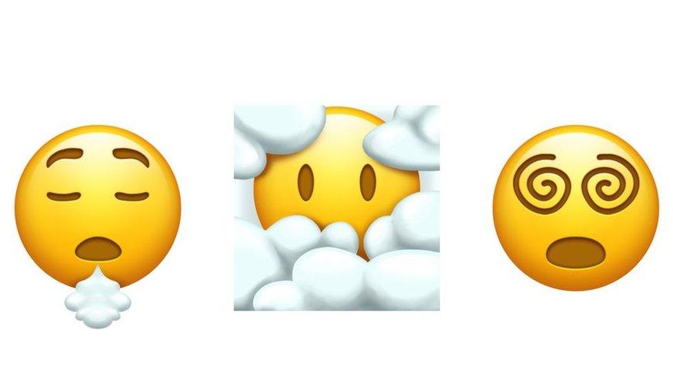 new emojis face exhaling, face in the clouds and face with spiral eyes.