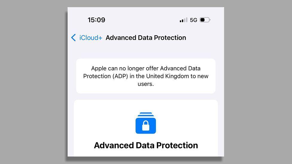 A screenshot of an iPhone screen displaying a notice on its Advanced Data Protection settings page for UK users reads "Apple can no longer offer Advanced Data Protection (ADP in the United Kingdom to new users".