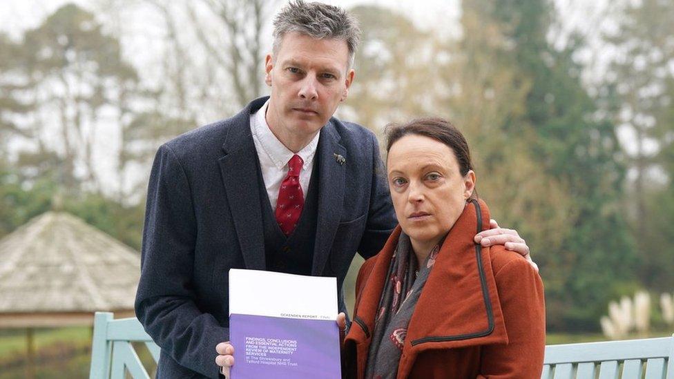 Rhiannon Davies and Richard Stanton with a copy of the Donna Ockenden Independent Review into Maternity Services at the Shrewsbury and Telford Hospital NHS Trust