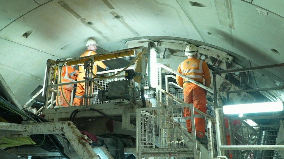 Workers on a tunnel-boring machine beneath the Warwickshire countryside