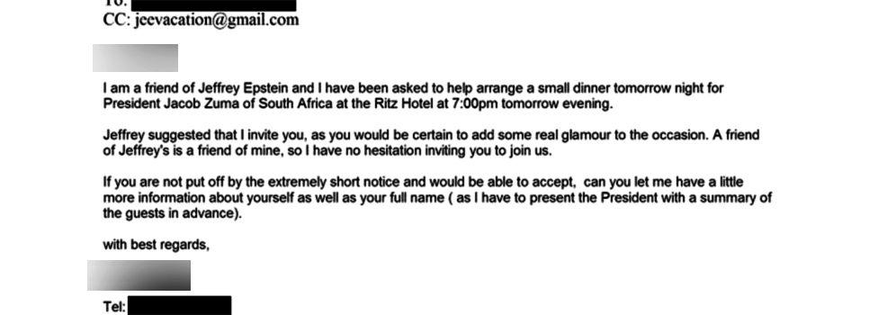 A screengrab of an email describing the invitation to dinner with Jacob Zuma
