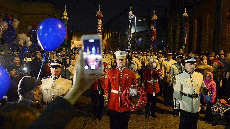 The family of Ian Ogle led a procession from Cluan Place to the junction with Albertbridge Road followed by bands