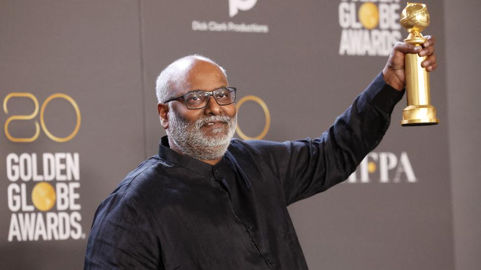 Indian film composer MM Keeravani accepting the best original song award for Naatu Naatu, from the film RRR