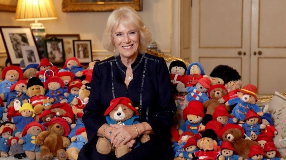 Queen Consort with a collection of Paddington Bear cuddly toys in the Morning Room at Clarence House