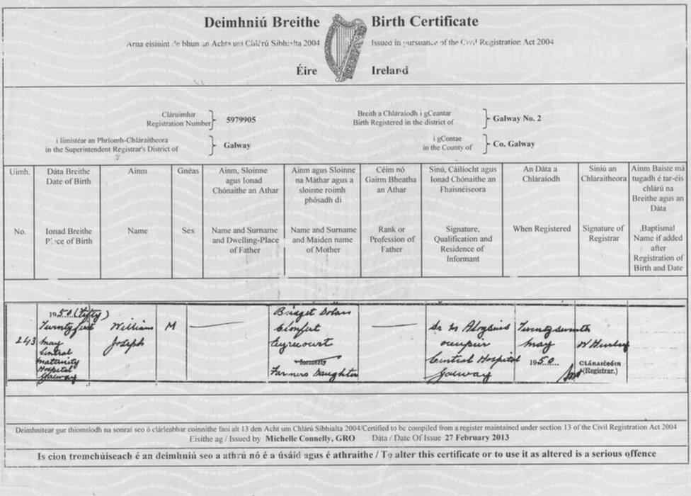 Birth certificate showing William Joseph Dolan was born on 21 May 1950