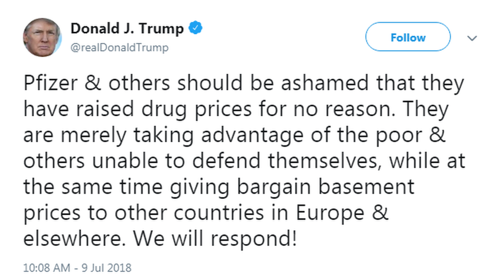 Screengrab of Donald Trump tweet about Pfizer