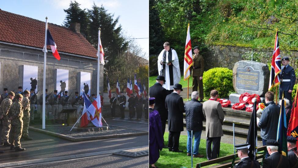 Memorial dedications in Masnieres (left) and Guernsey