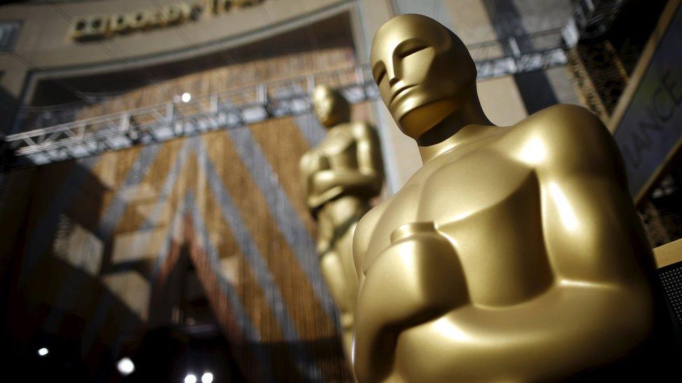 Oscars statues outside the Dolby Theatre in Hollywood, Los Angeles