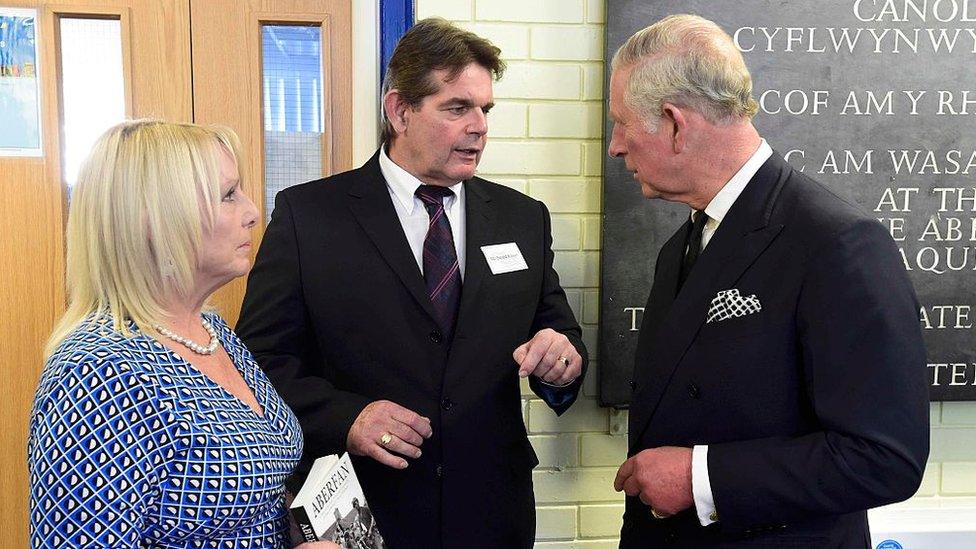 Prince Charles met Gaynor Madgwick and Gerald Kirwan, during a visit to mark the 50th anniversary of the Aberfan disaster, at the Aberfan and Merthyr Vale community centre on October 21, 2016