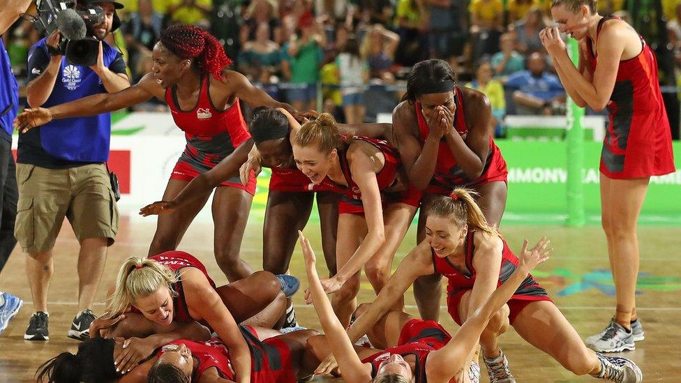 Helen Housby, who scored in the final second and her England teammates celebrate at full time and winning the Netball Gold Medal Match between England and Australia on day 11 of the Gold Coast 2018 Commonwealth Games at Coomera Indoor Sports Centre on April 15, 2018 on the Gold Coast, Australia.