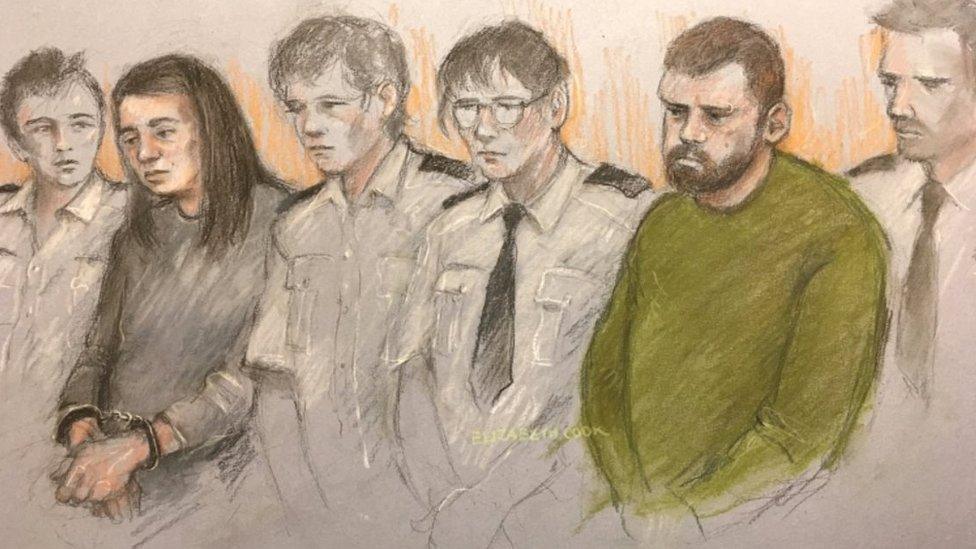 Court sketch of Sarah Barrass and Brandon Machin